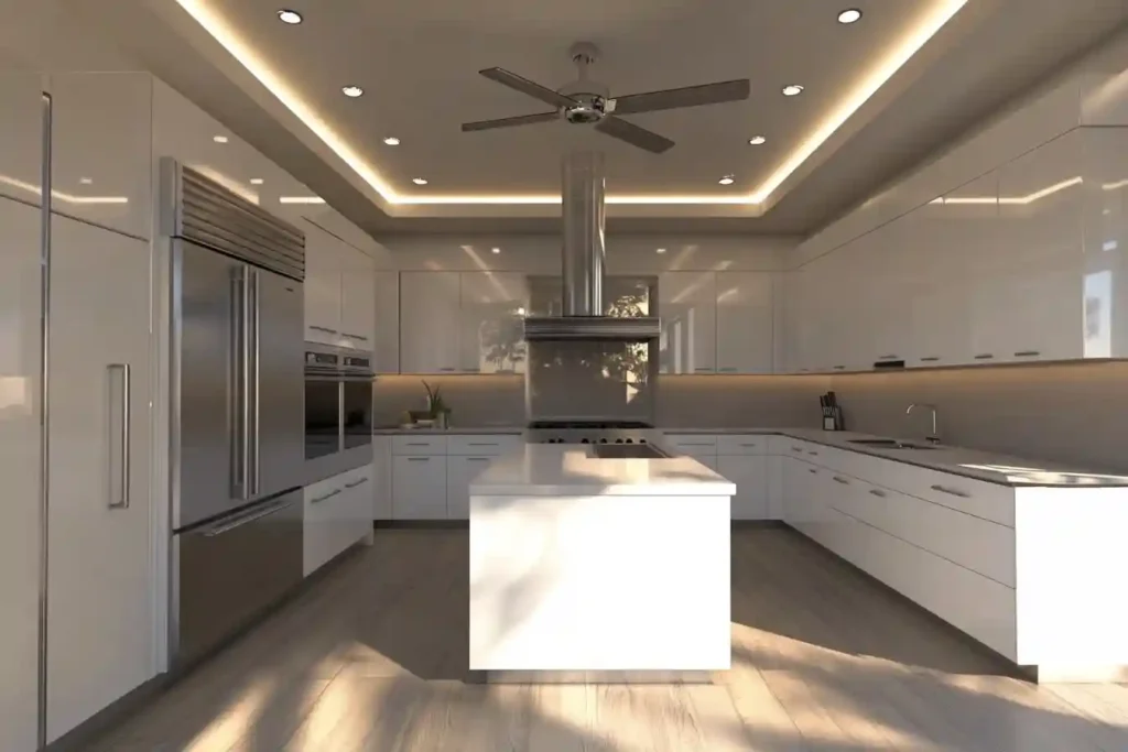 Luxurious U-shaped kitchen with high-gloss cabinets by Atlanta kitchen designers.
