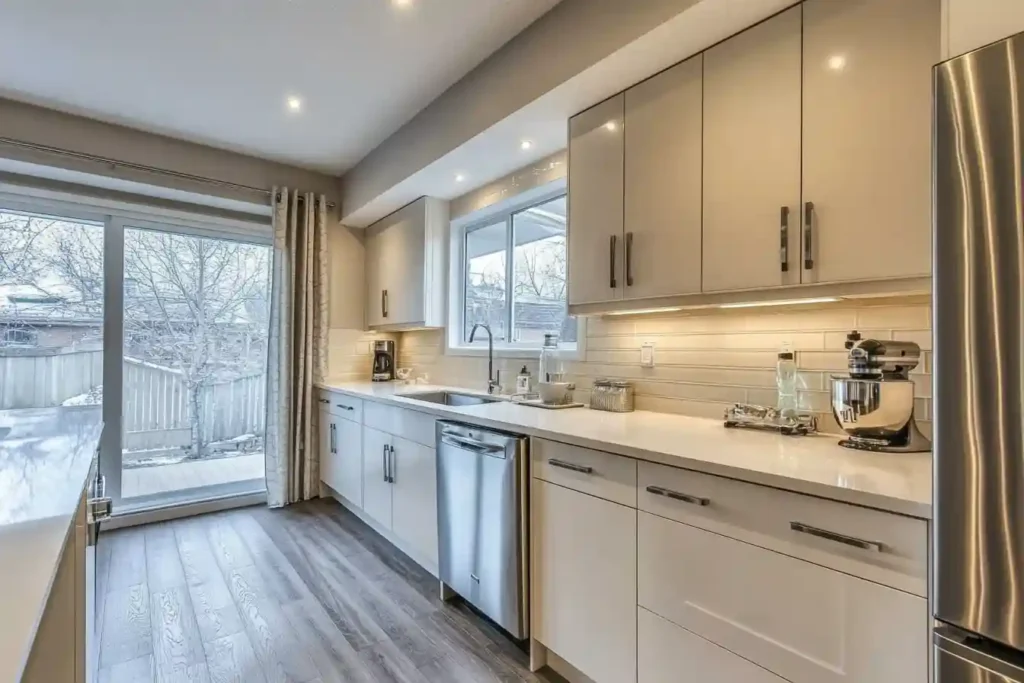 Sleek kitchen with natural light and minimalist cabinets by Atlanta kitchen designers.