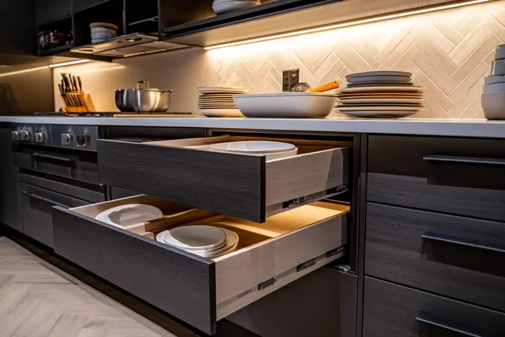 Custom dark kitchen drawers with interior lighting by Atlanta kitchen designers.